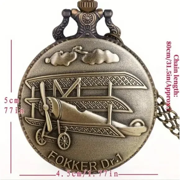 Fokker Dr.1 Airplane Pocket Watch Gold Christmas Birthday Men's Vtg Gift NEW